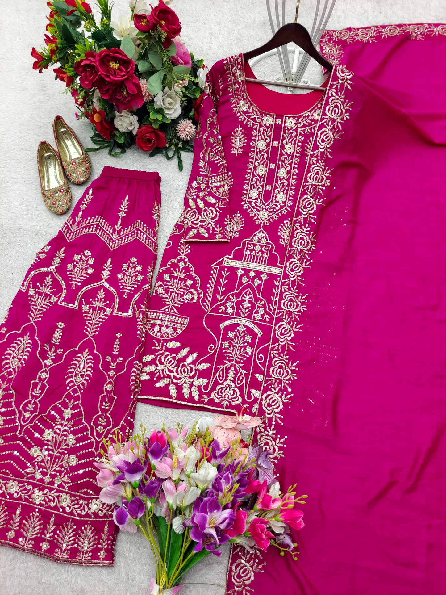 royal rani pink embroidered kurta sharara set
