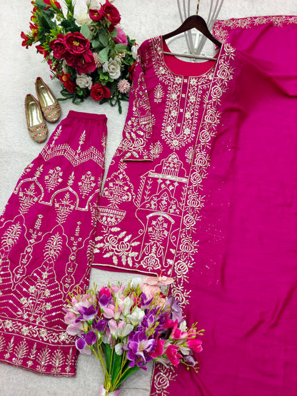 Royal Rani Pink Embroidered Kurta Sharara Set