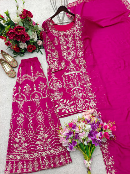 Royal Rani Pink Embroidered Kurta Sharara Set