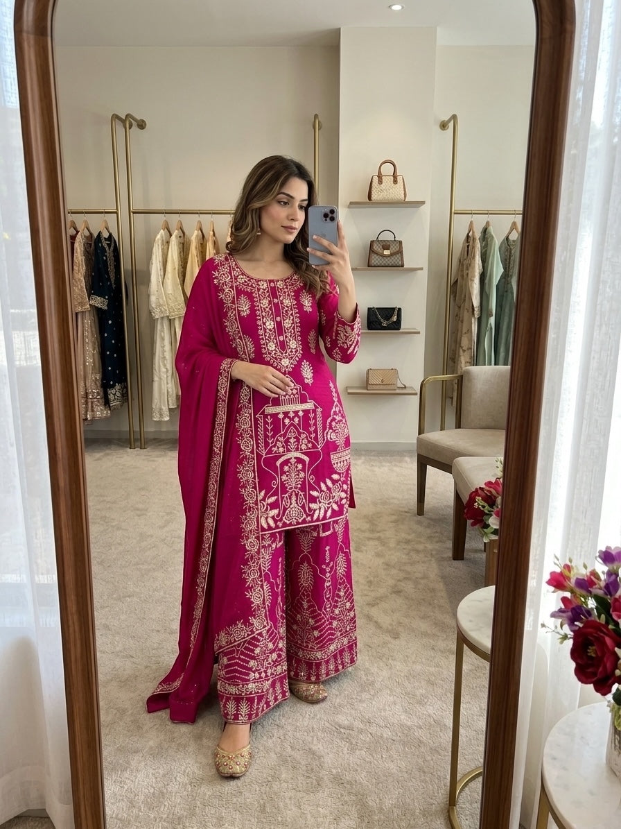 royal rani pink embroidered kurta sharara set
