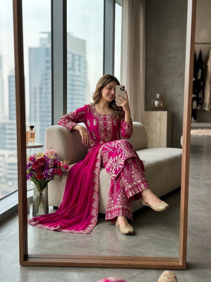 royal rani pink embroidered kurta sharara set