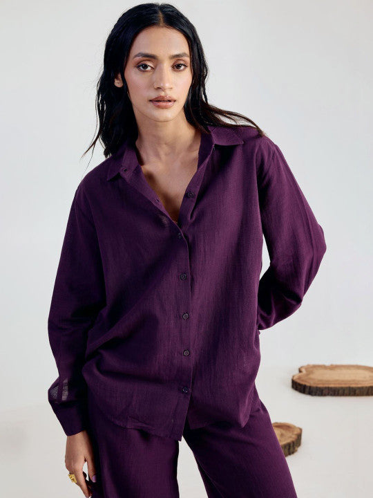 Wine co-ord set for women — three-quarter view, relaxed fit shirt