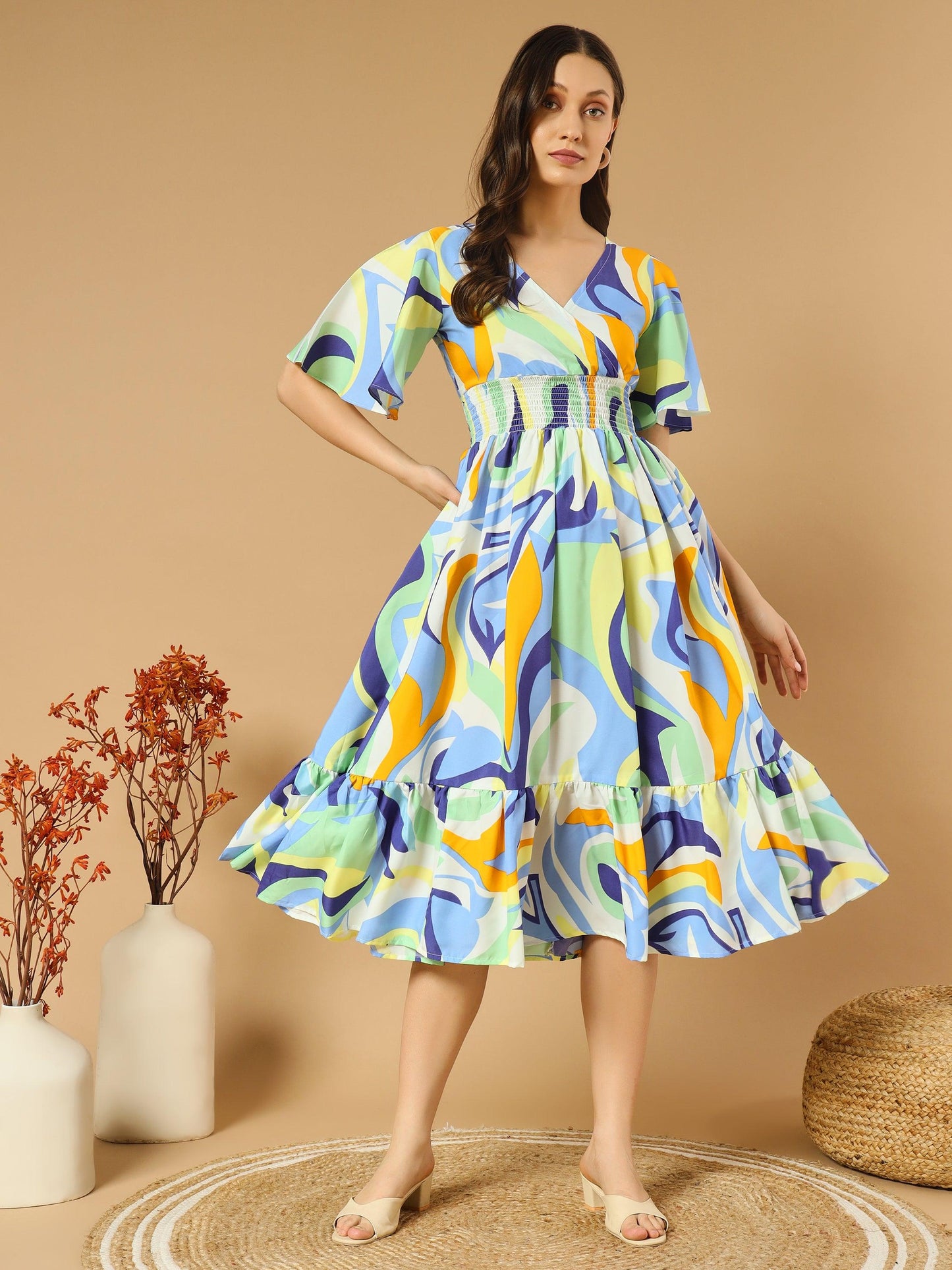 a-line colorful dress with v-neck both side and flare sleeve