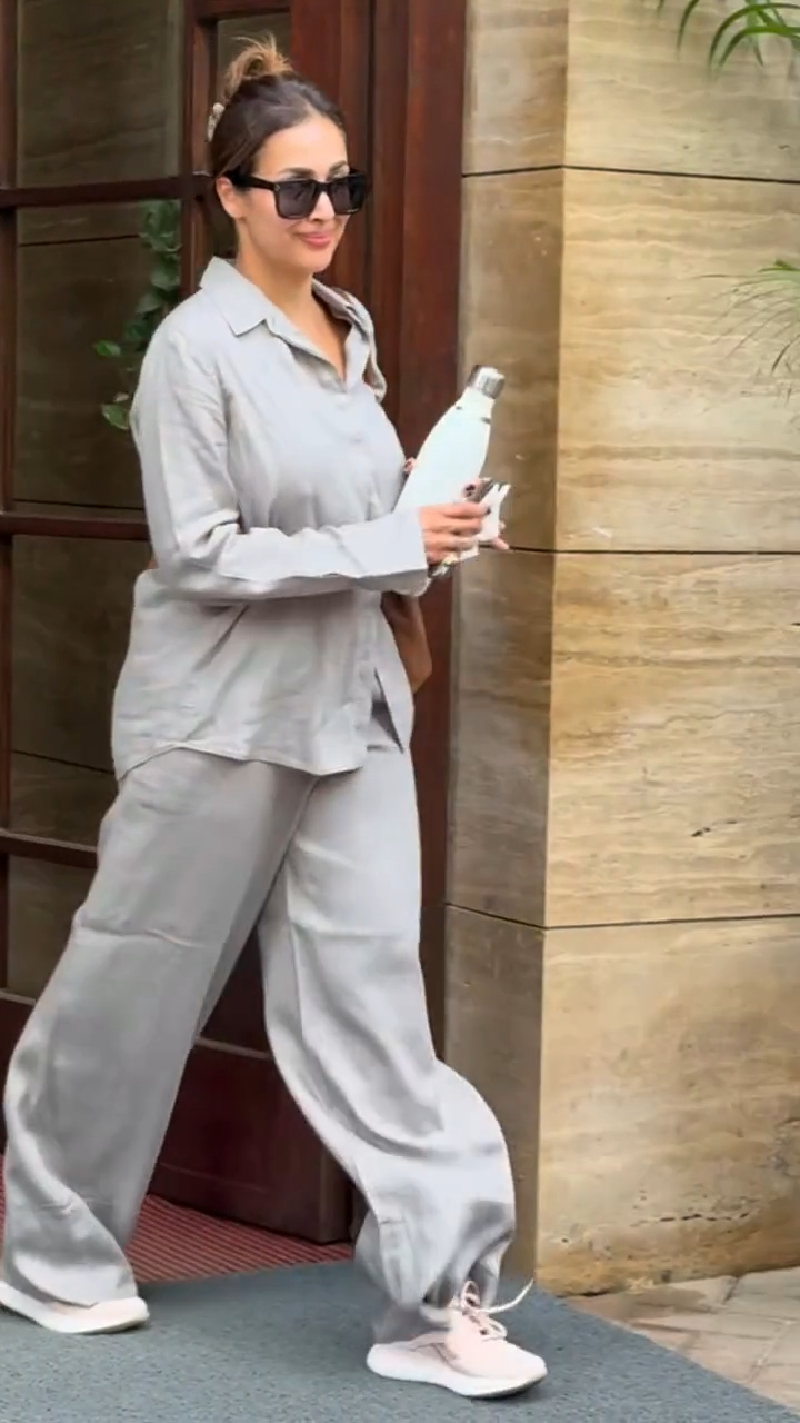 malaika arora solid grey co-ord set