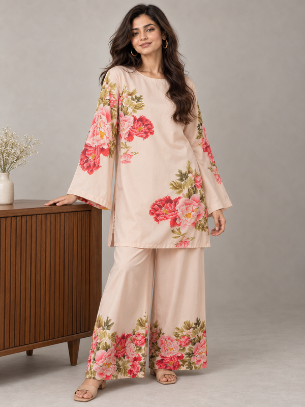 Light Beige Bloom & Bliss Co-ord Set for Women