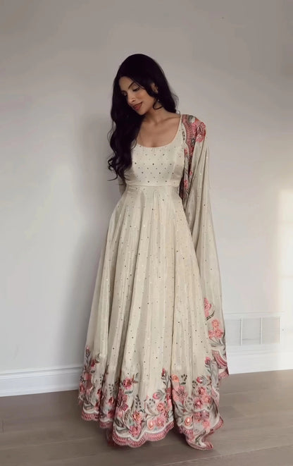 Rose Mist Ivory Anarkali Gown Outfit Set