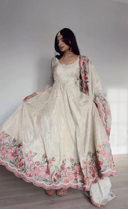 Rose Mist Ivory Anarkali Gown Outfit Set
