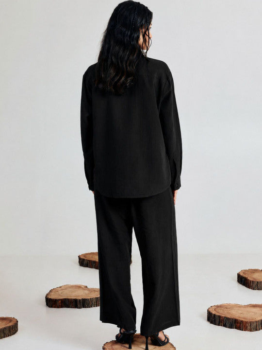 sara ali khan black co-ord set for women — back view, wide-leg pant detail