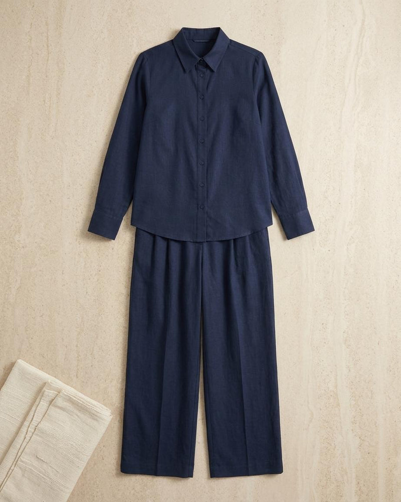 midnight blue co-ord set for women — flat lay, shirt and pant set
