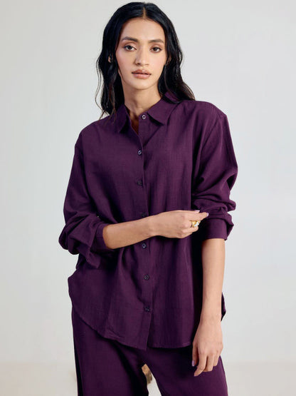 Wine co-ord set for women — close-up detail, button-up shirt