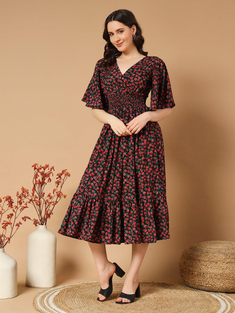 Black Dress with Green and Red Flower Print, photo 2