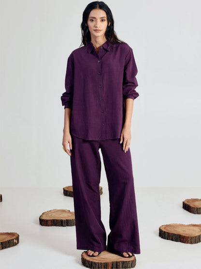 Wine co-ord set for women — full front view, shirt and wide-leg pant set