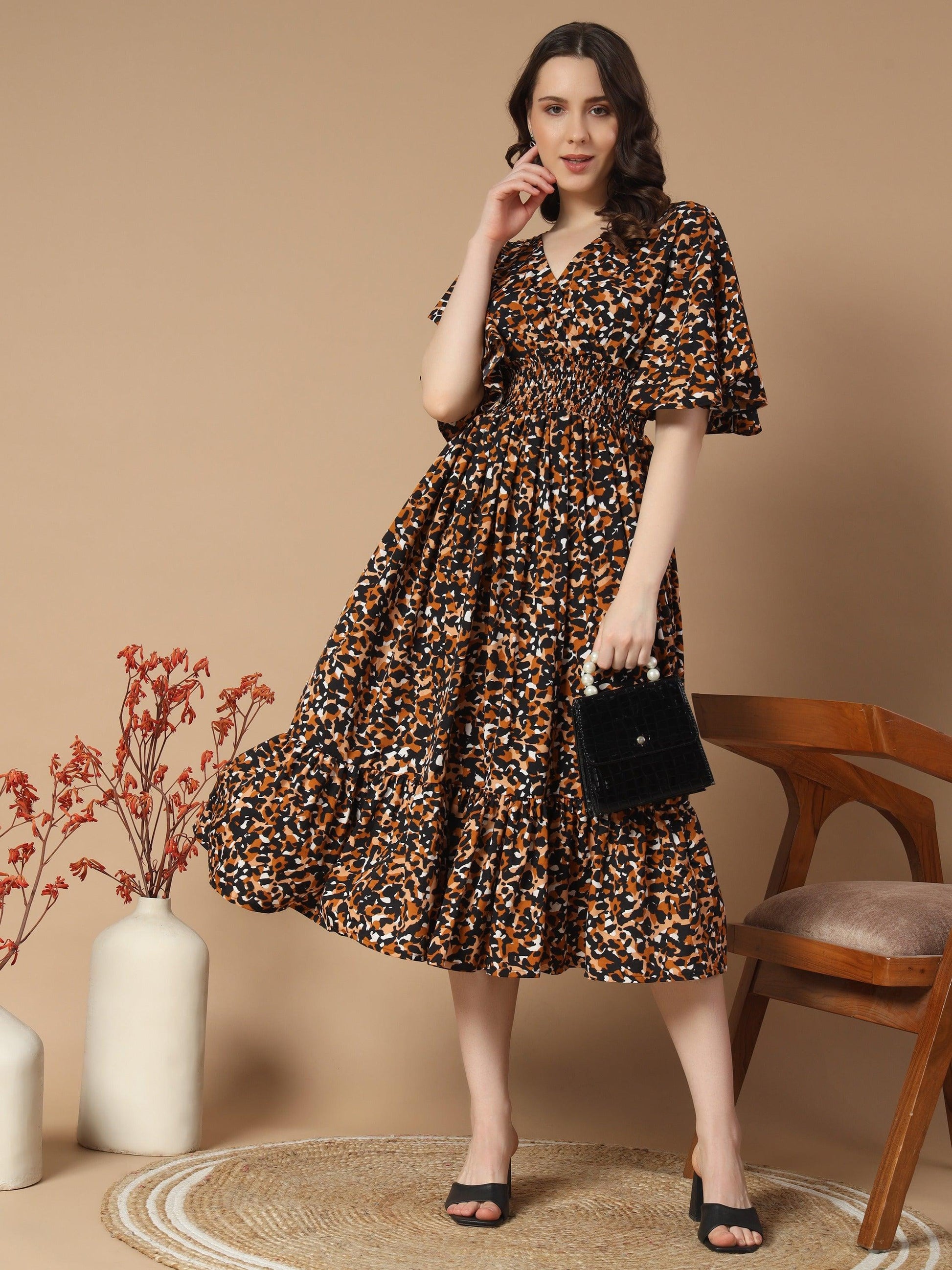 Brown Dress in Bold Tiger Print – Asnowera