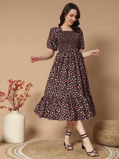 Black Dress with Sweet Pink Flower Print