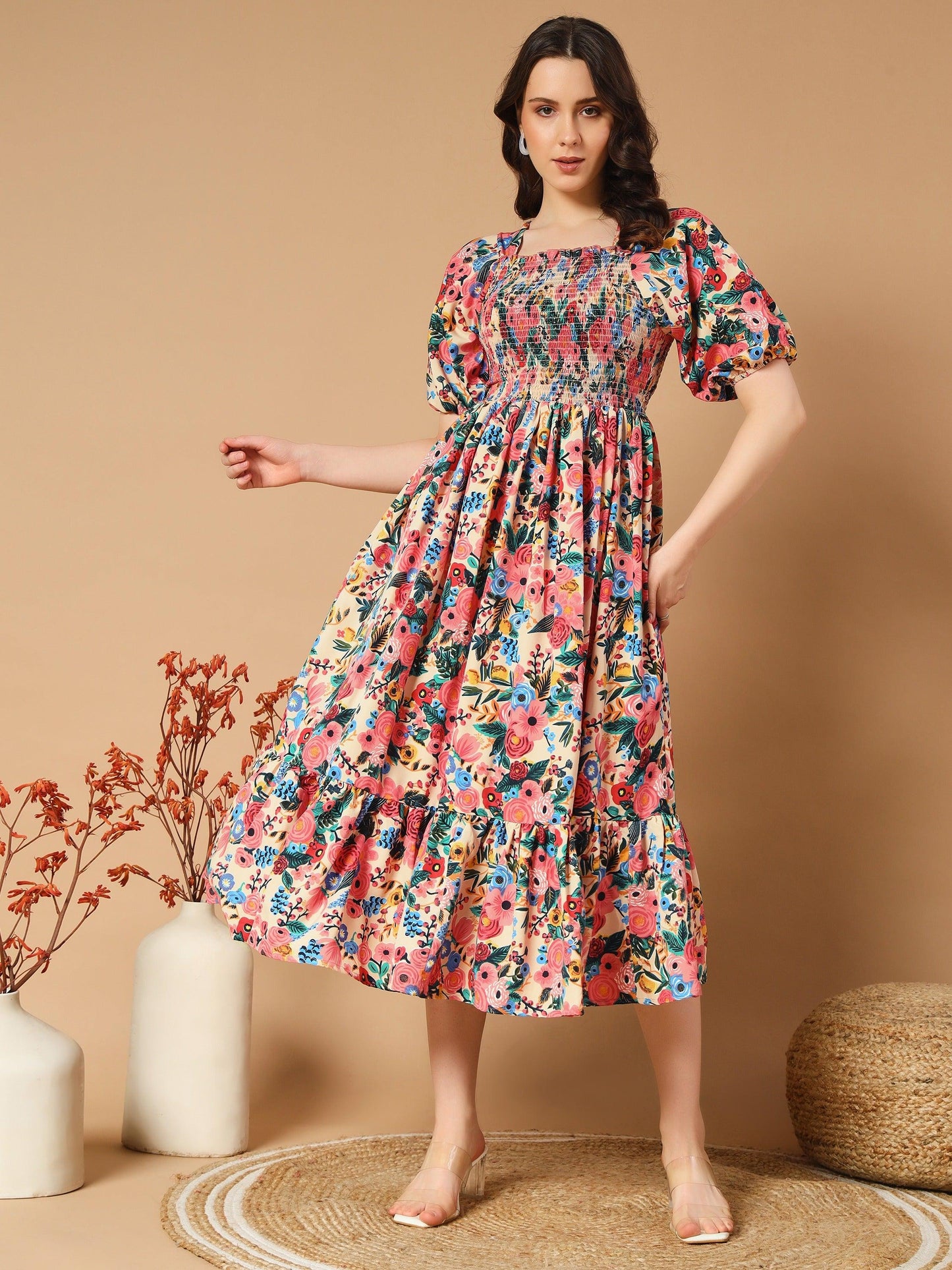 adorned with a beautiful mix flowers dress