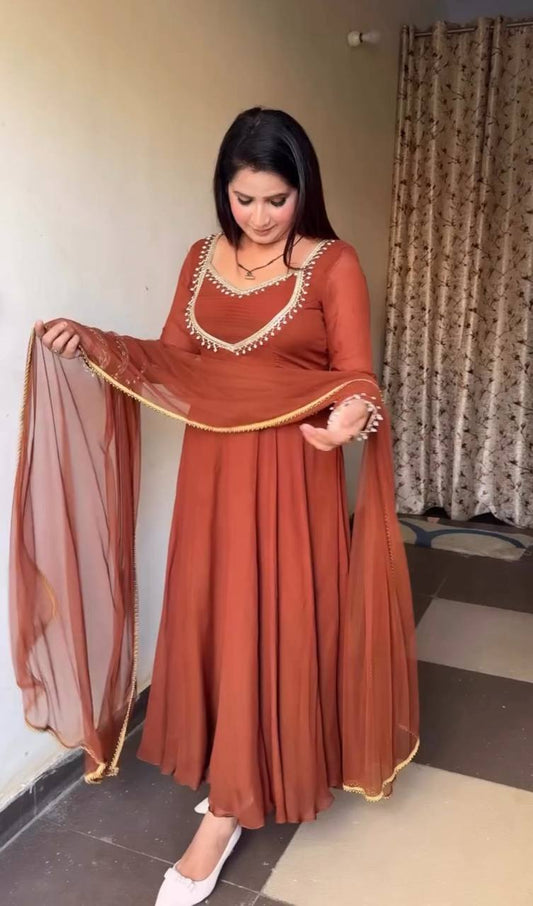 Party Wear Brown Anarkali Set with Golden Border Detailing