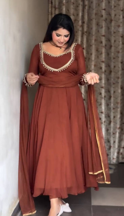 Party Wear Brown Anarkali Set with Golden Border Detailing