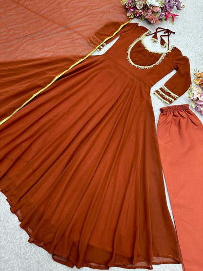 Party Wear Brown Anarkali Set with Golden Border Detailing