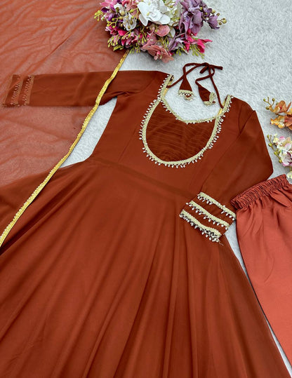 Party Wear Brown Anarkali Set with Golden Border Detailing
