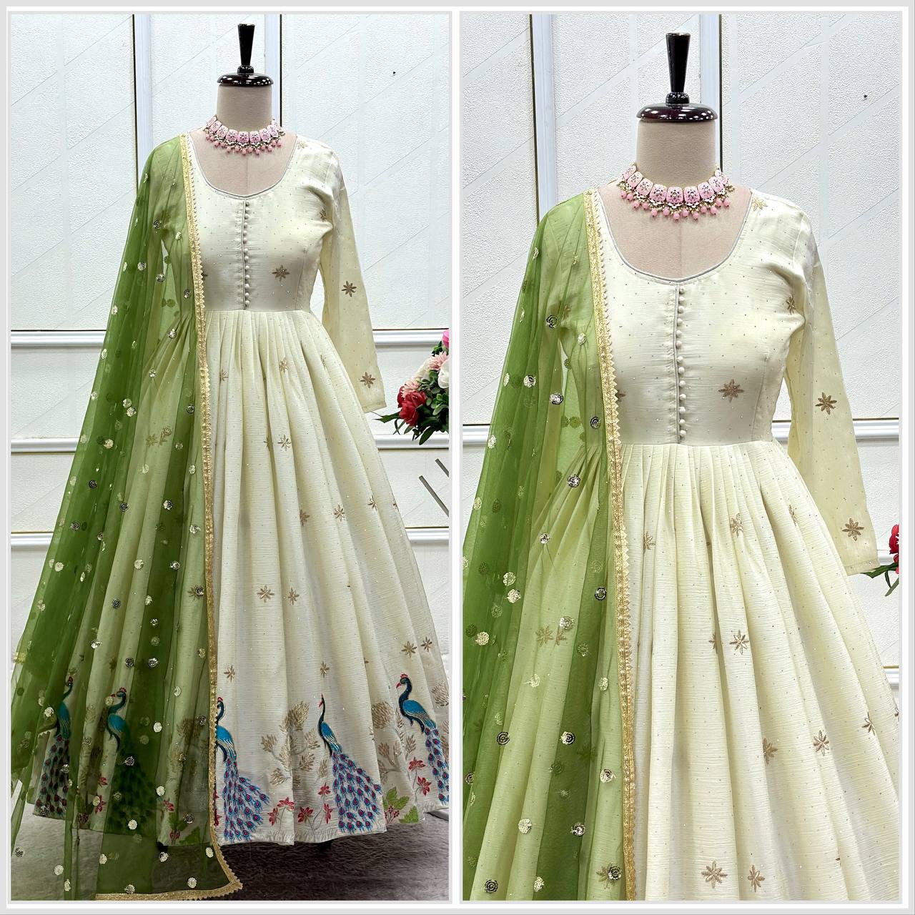 designer white anarkali dress with handcrafted peacock motifs