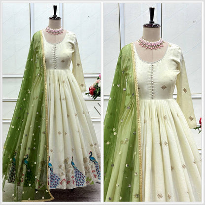 Designer White Anarkali Dress with Handcrafted Peacock Motifs