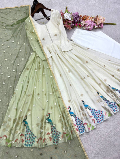 Designer White Anarkali Dress with Handcrafted Peacock Motifs