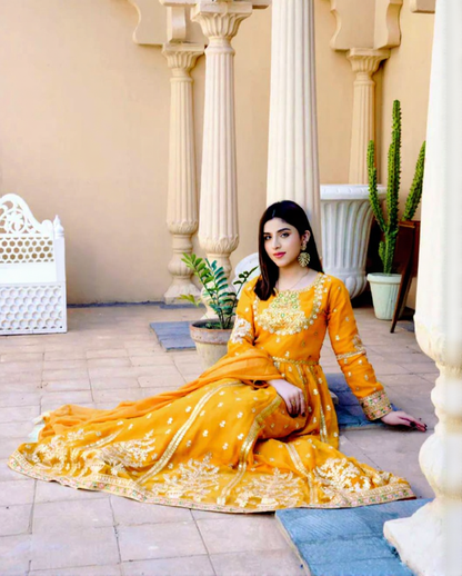 Royal Mustard Gold Zari Anarkali Gown Set