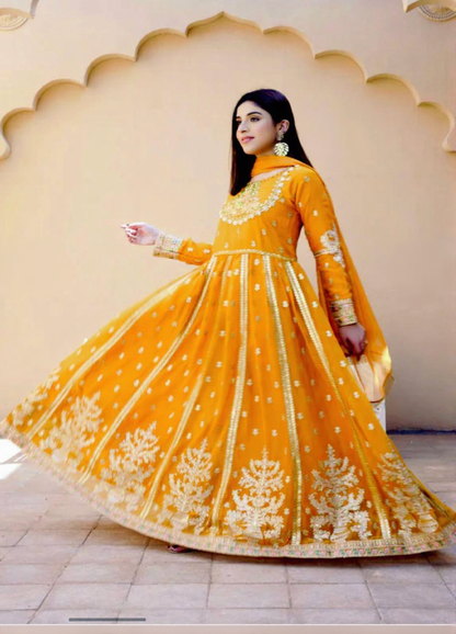Royal Mustard Gold Zari Anarkali Gown Set