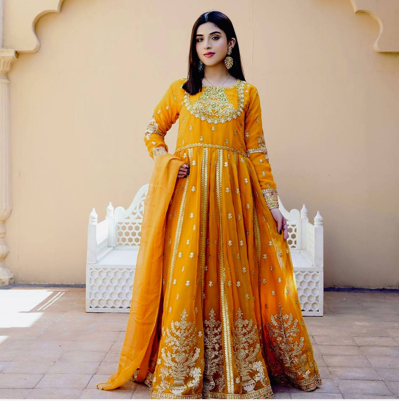 royal mustard gold zari anarkali gown set