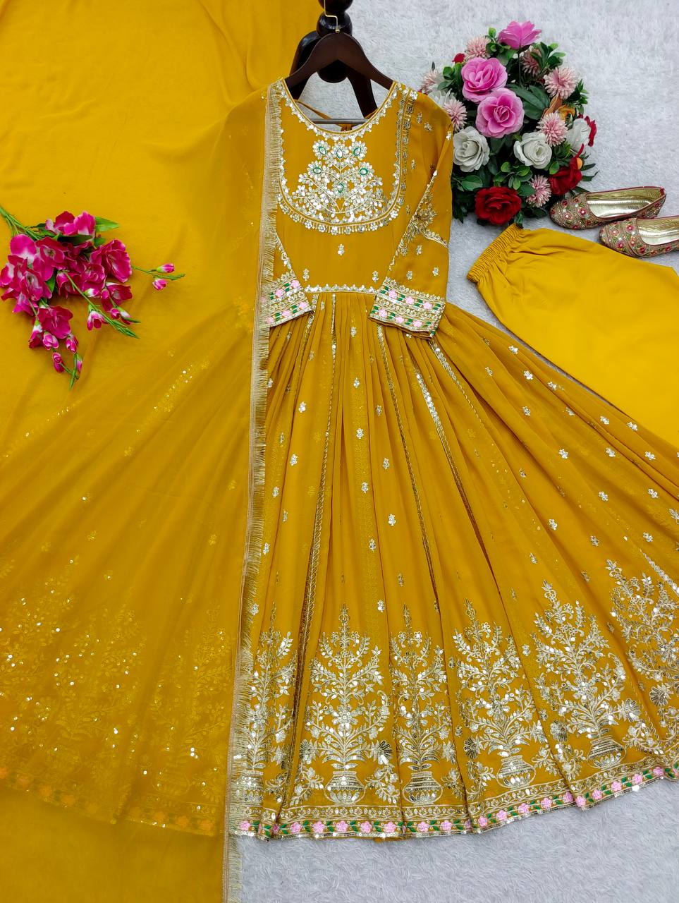 royal mustard gold zari anarkali gown set