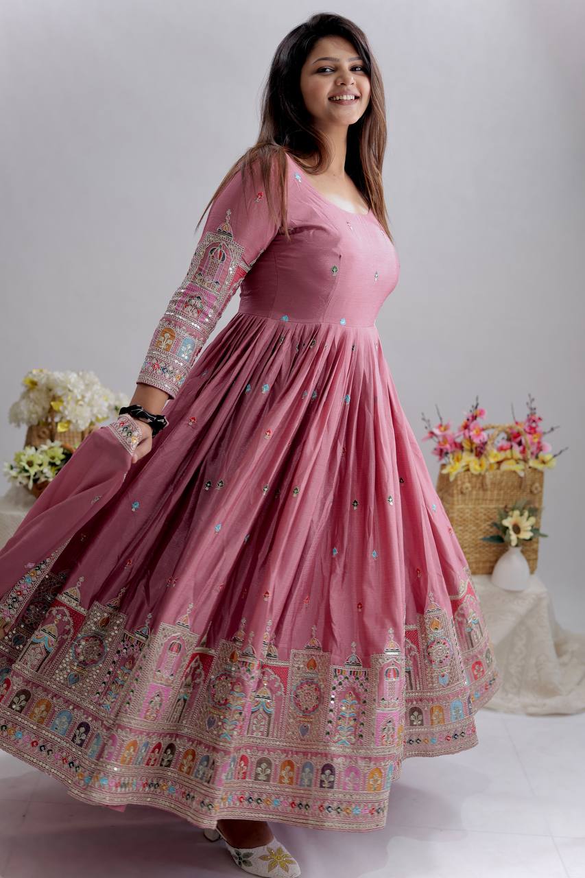 dusty rose embroidered anarkali gown set with dupatta