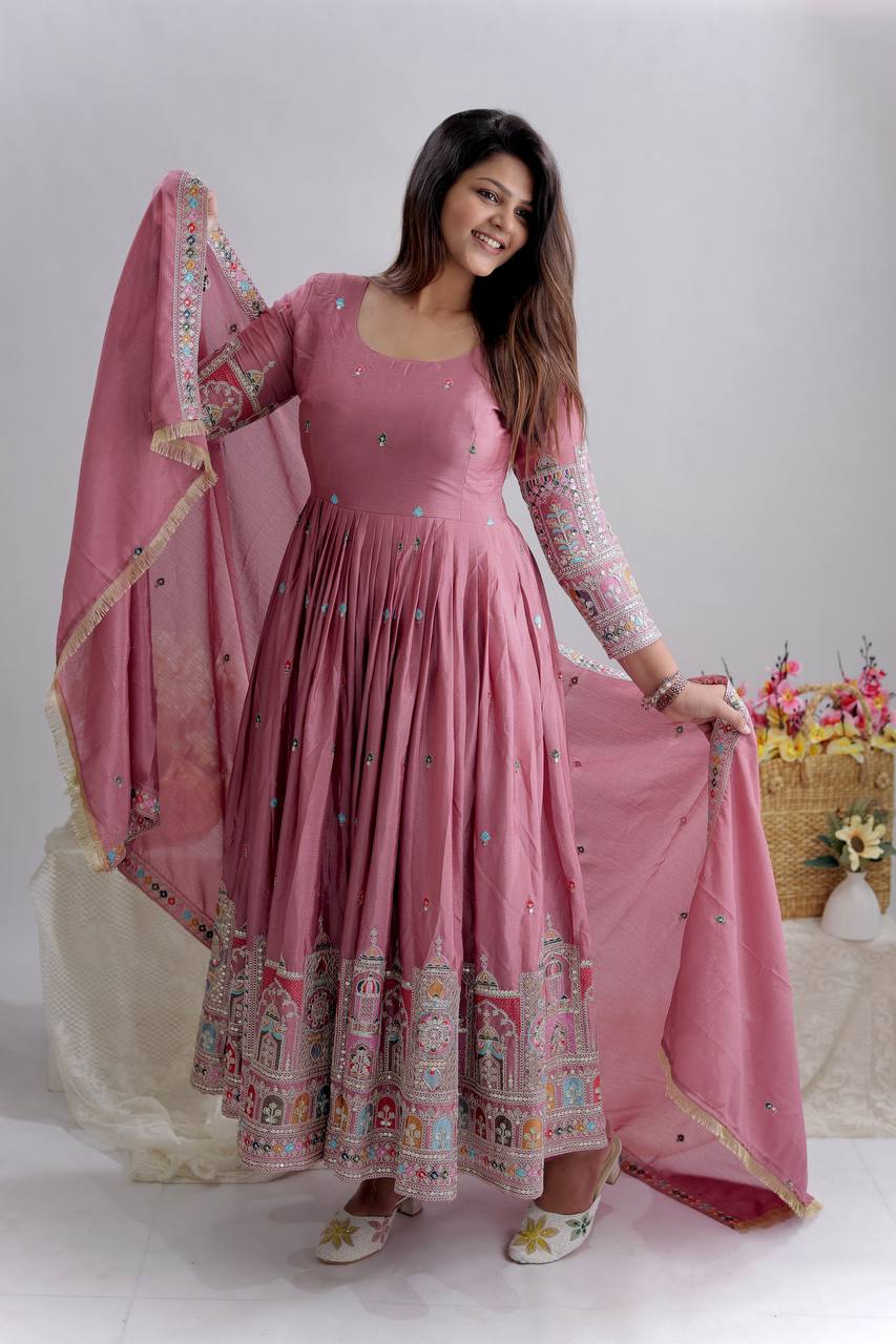 dusty rose embroidered anarkali gown set with dupatta