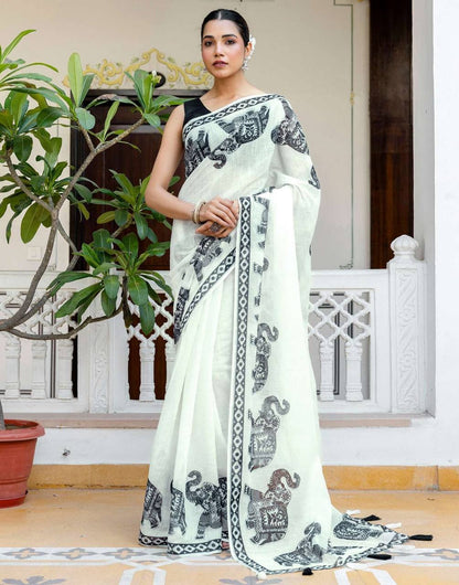 Linen Digital Printed Saree with Elegant Elephant Motifs & Stylish Latkans