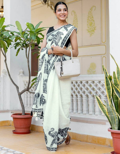 Linen Digital Printed Saree with Elegant Elephant Motifs & Stylish Latkans