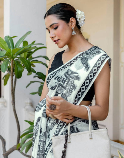 Linen Digital Printed Saree with Elegant Elephant Motifs & Stylish Latkans