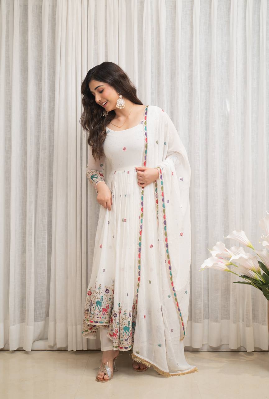 designer white georgette gown set with multicolor embroidered border