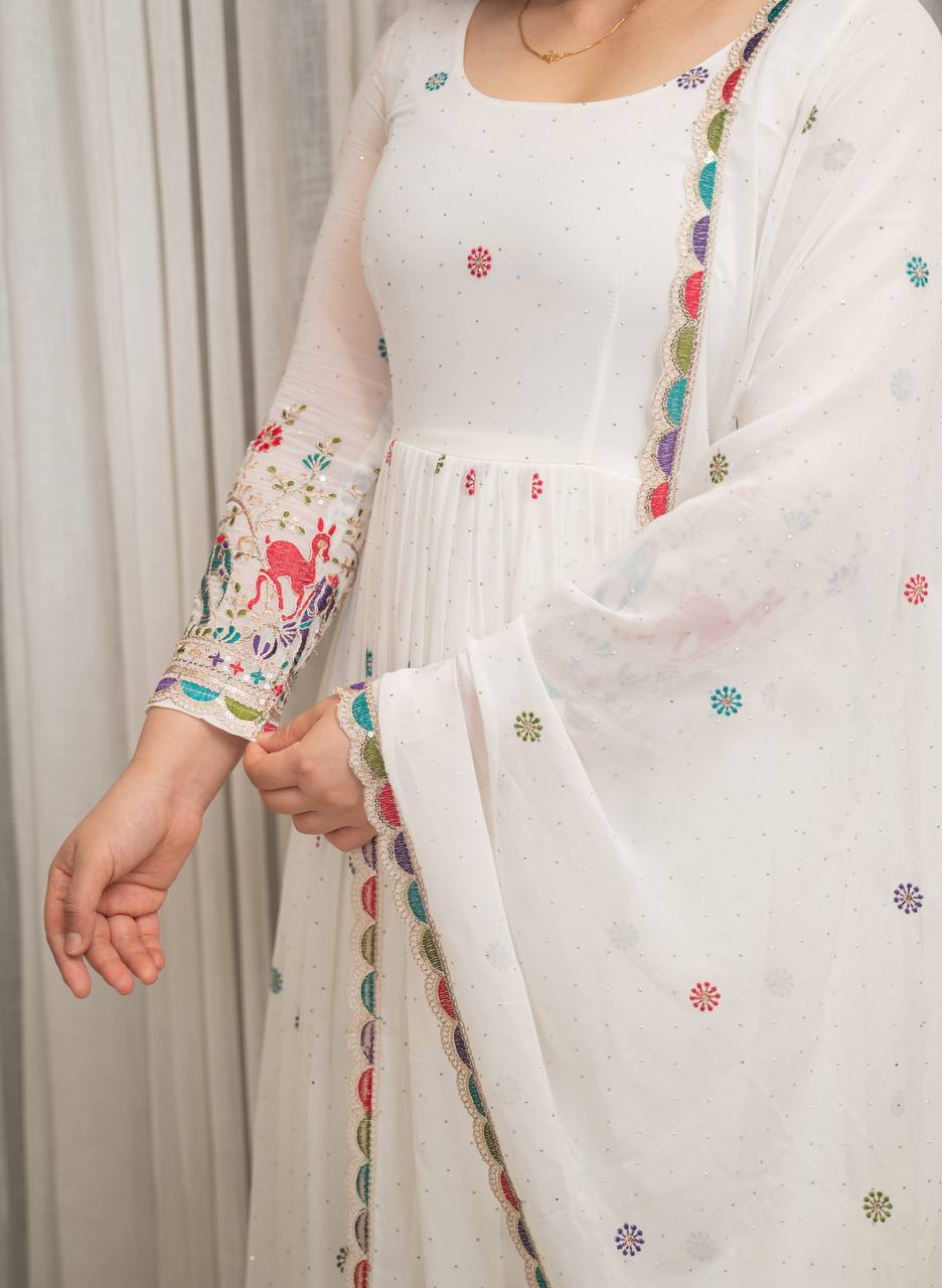 designer white georgette gown set with multicolor embroidered border