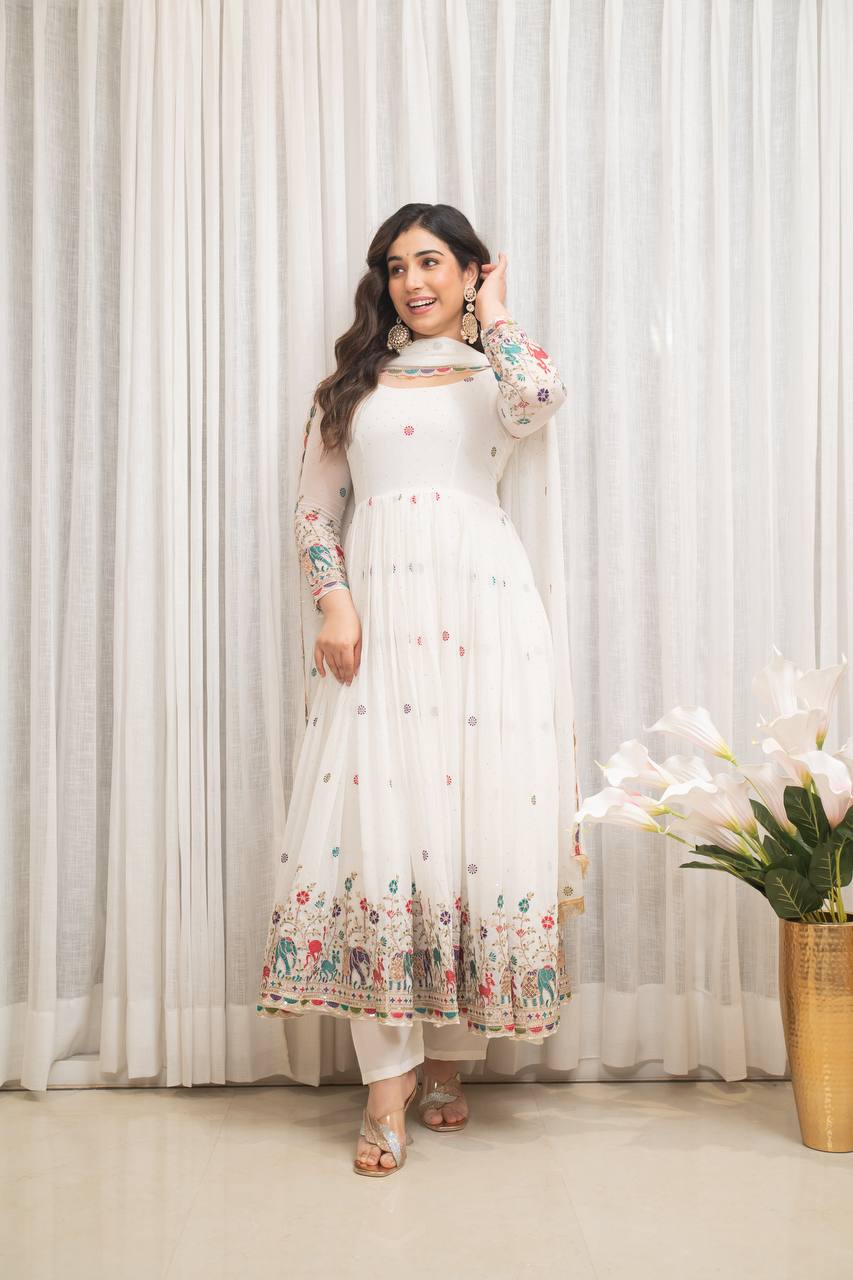 designer white georgette gown set with multicolor embroidered border