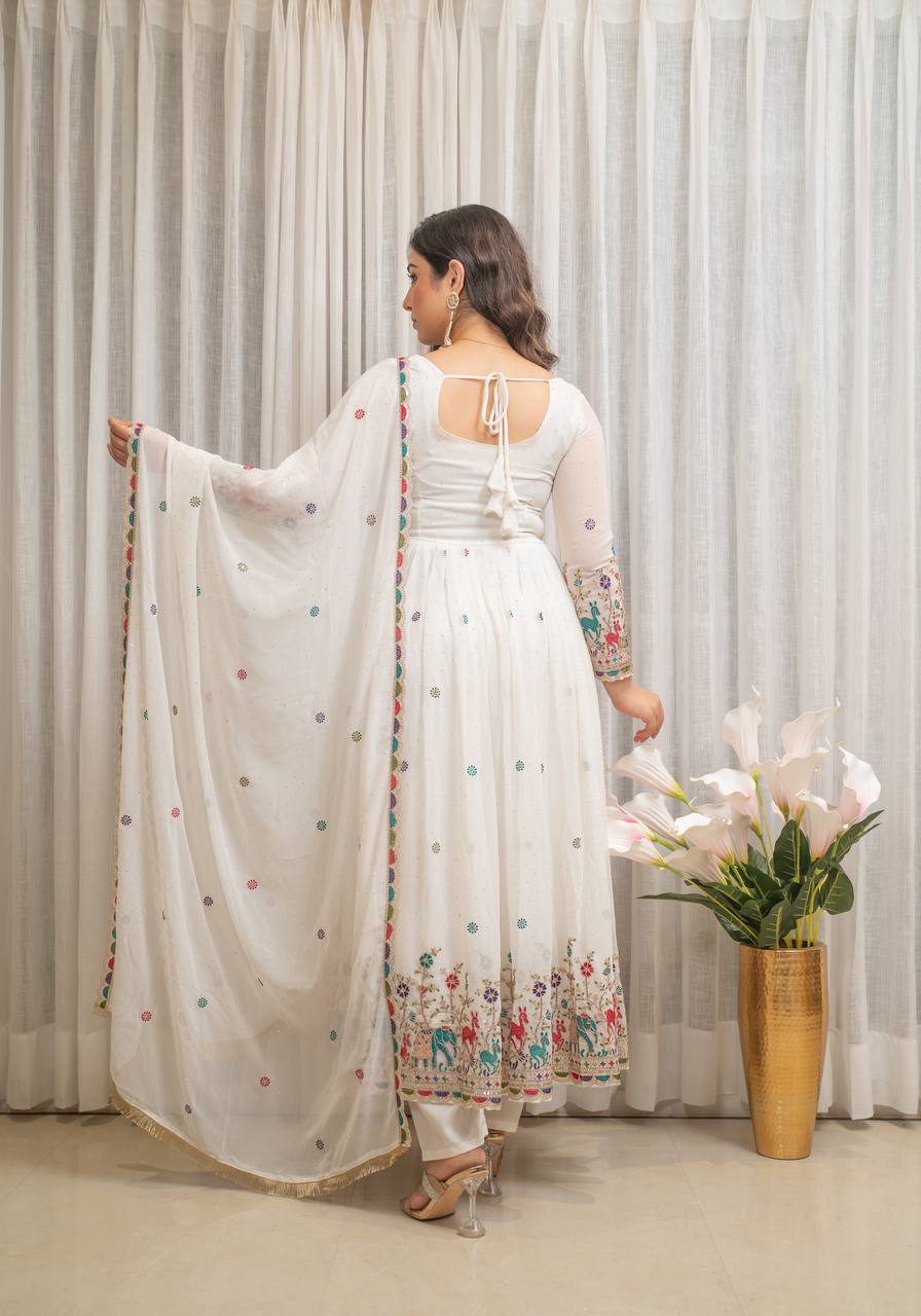 designer white georgette gown set with multicolor embroidered border