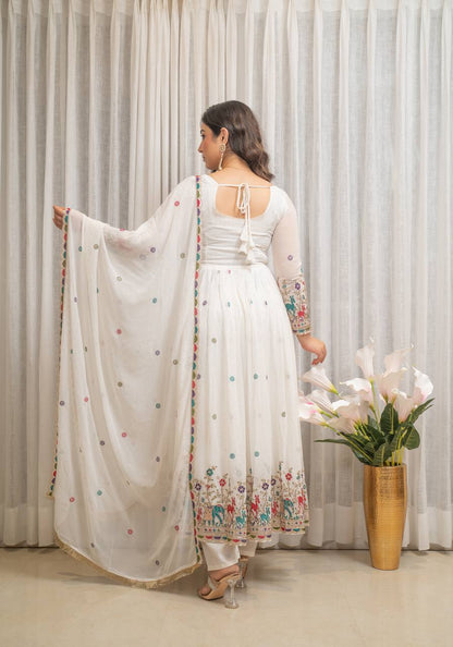 Designer White Georgette Gown Set with Multicolor Embroidered Border