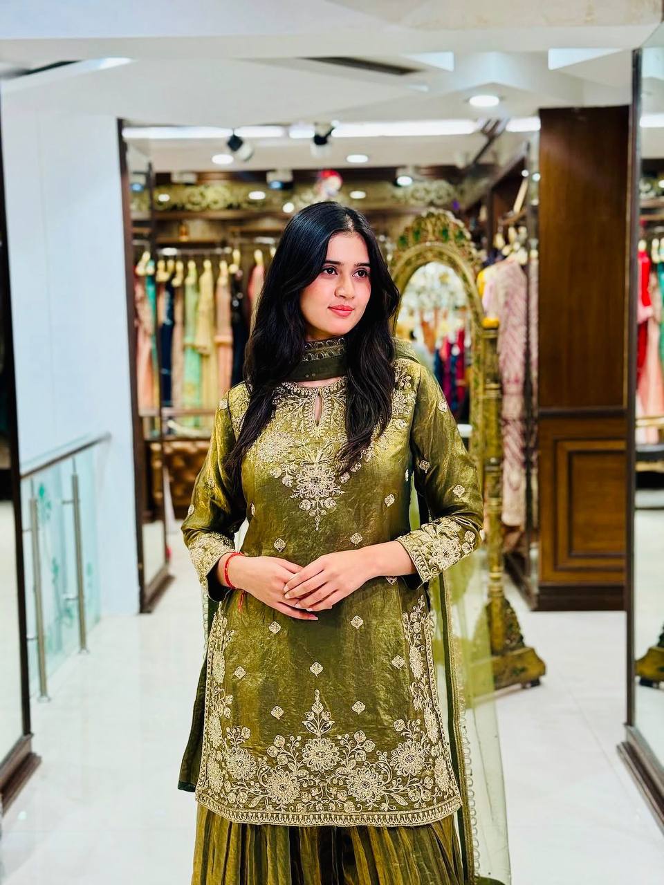 royal olive green embroidered kurta sharara set