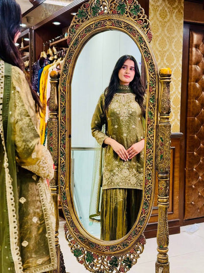 Royal Olive Green Embroidered Kurta Sharara Set