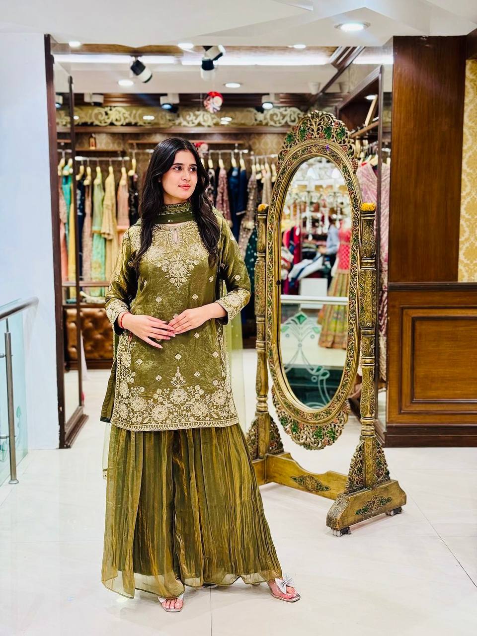 royal olive green embroidered kurta sharara set