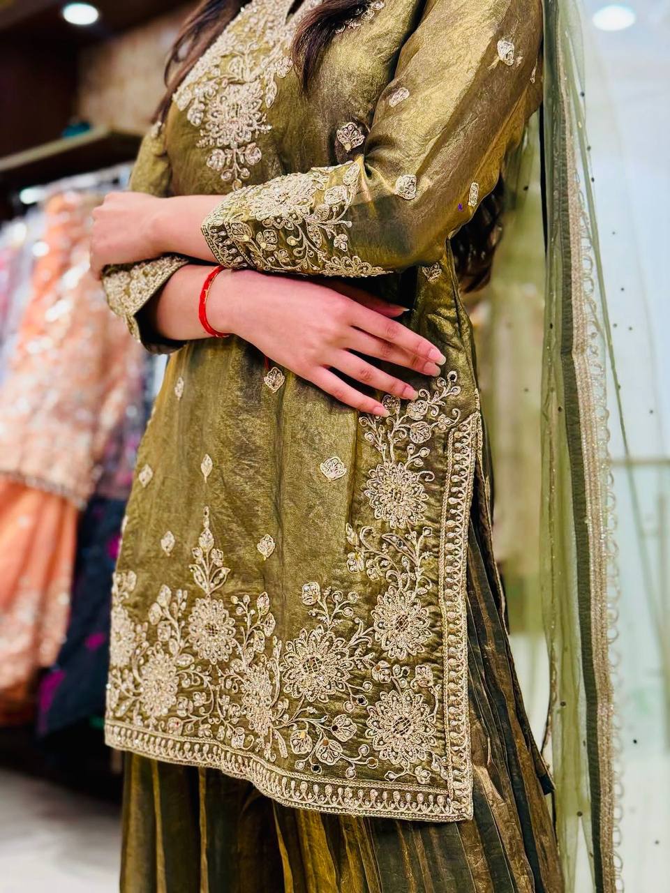 royal olive green embroidered kurta sharara set