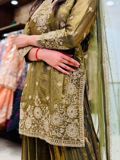 Royal Olive Green Embroidered Kurta Sharara Set