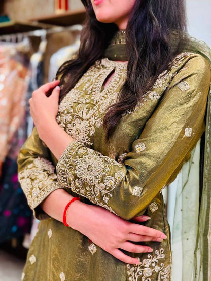 Royal Olive Green Embroidered Kurta Sharara Set