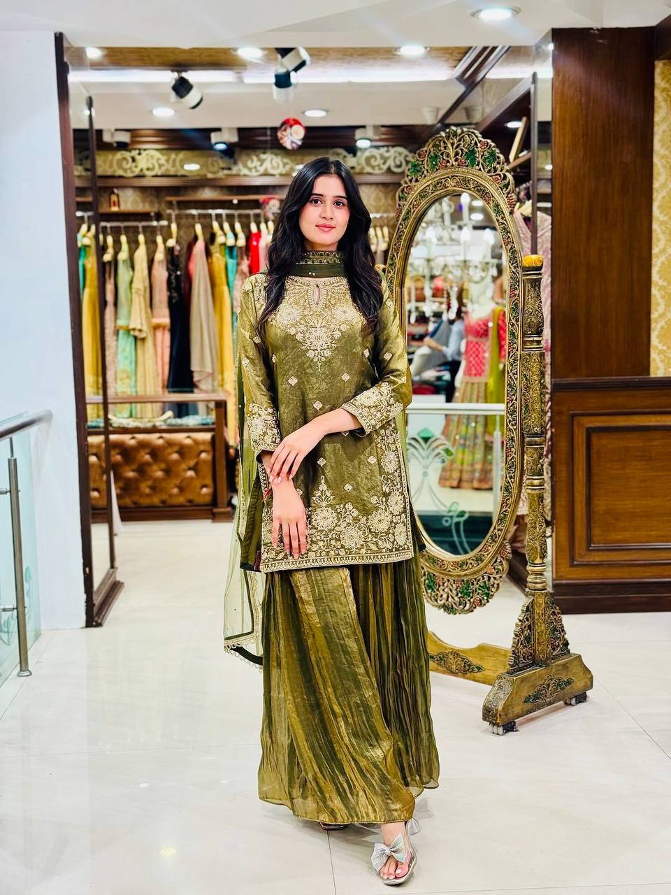 royal olive green embroidered kurta sharara set