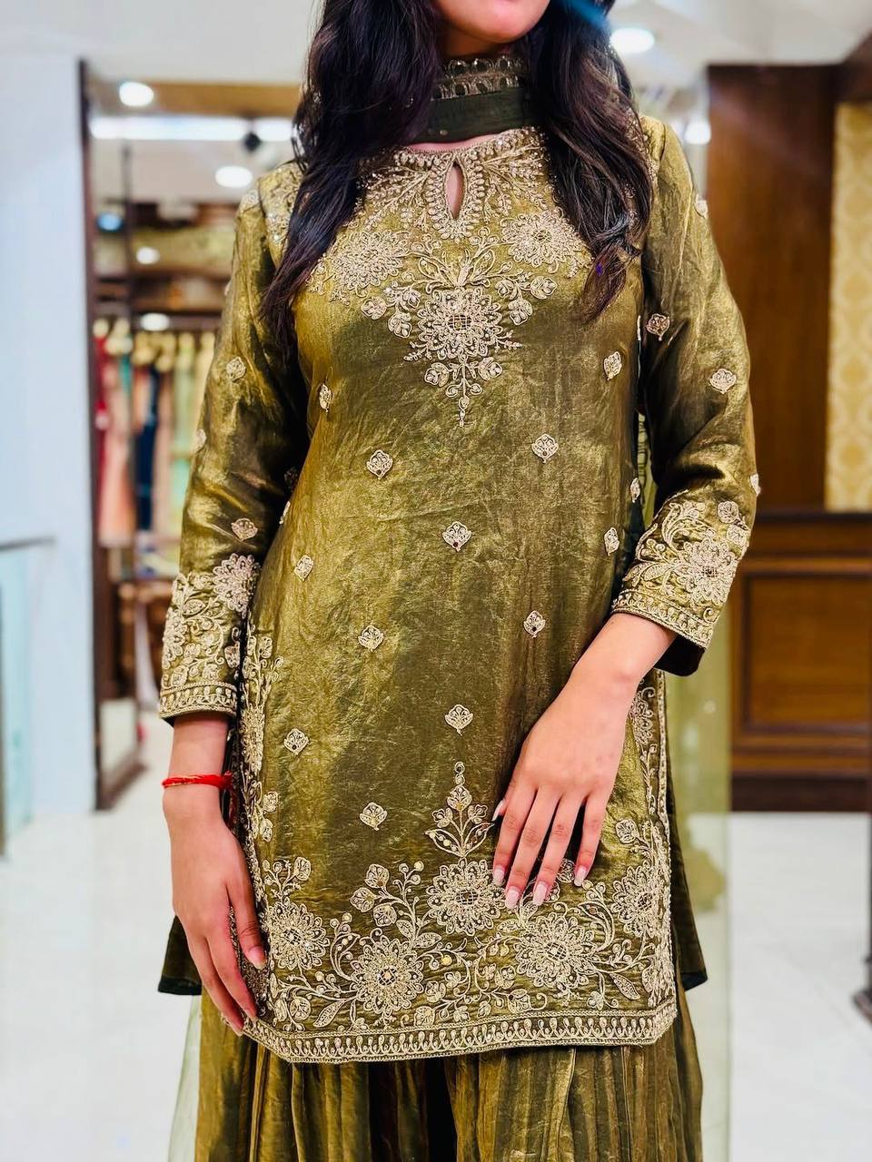 royal olive green embroidered kurta sharara set