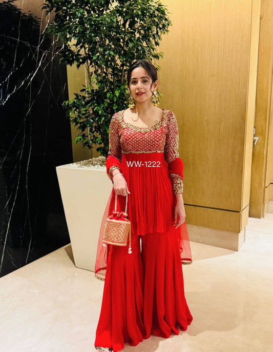 Elegant Red Georgette Sharara Suit for Wedding & Party