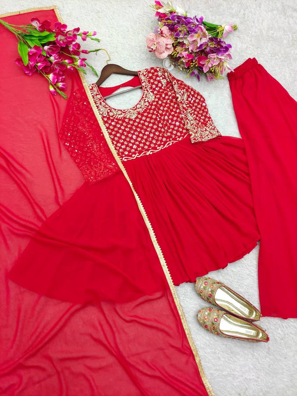 elegant red georgette sharara suit for wedding & party
